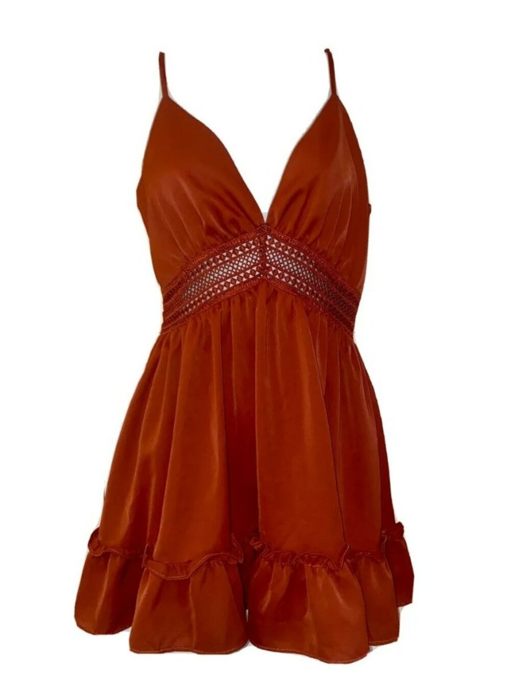 CIDER NWT Solid Hollow Out Ruffle Mini Dress Size Large Boho Festival Rust Color
